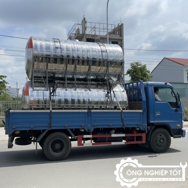 Công Nghiệp Tốt vận chuyển bồn nước inox ngang 2000L đến công trình